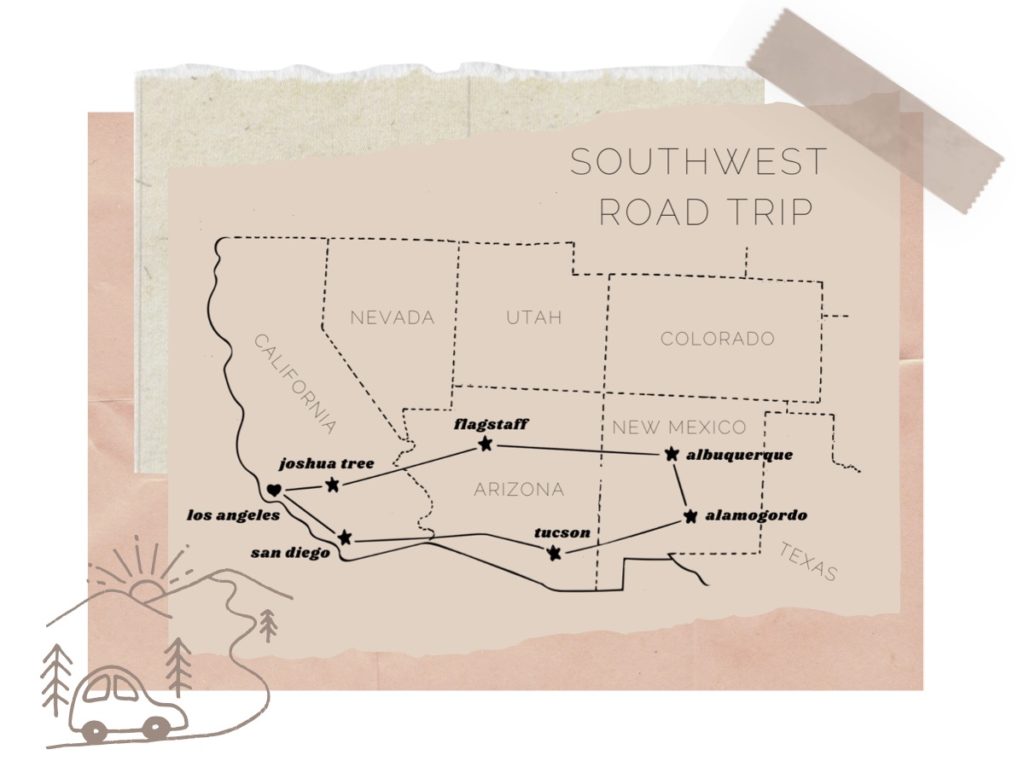 A collage with a hand drawn map of the Southwest